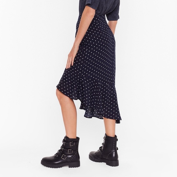 Nasty Gal Navy Blue Polka Dot Ruffle Midi Skirt - Picture 2 of 7
